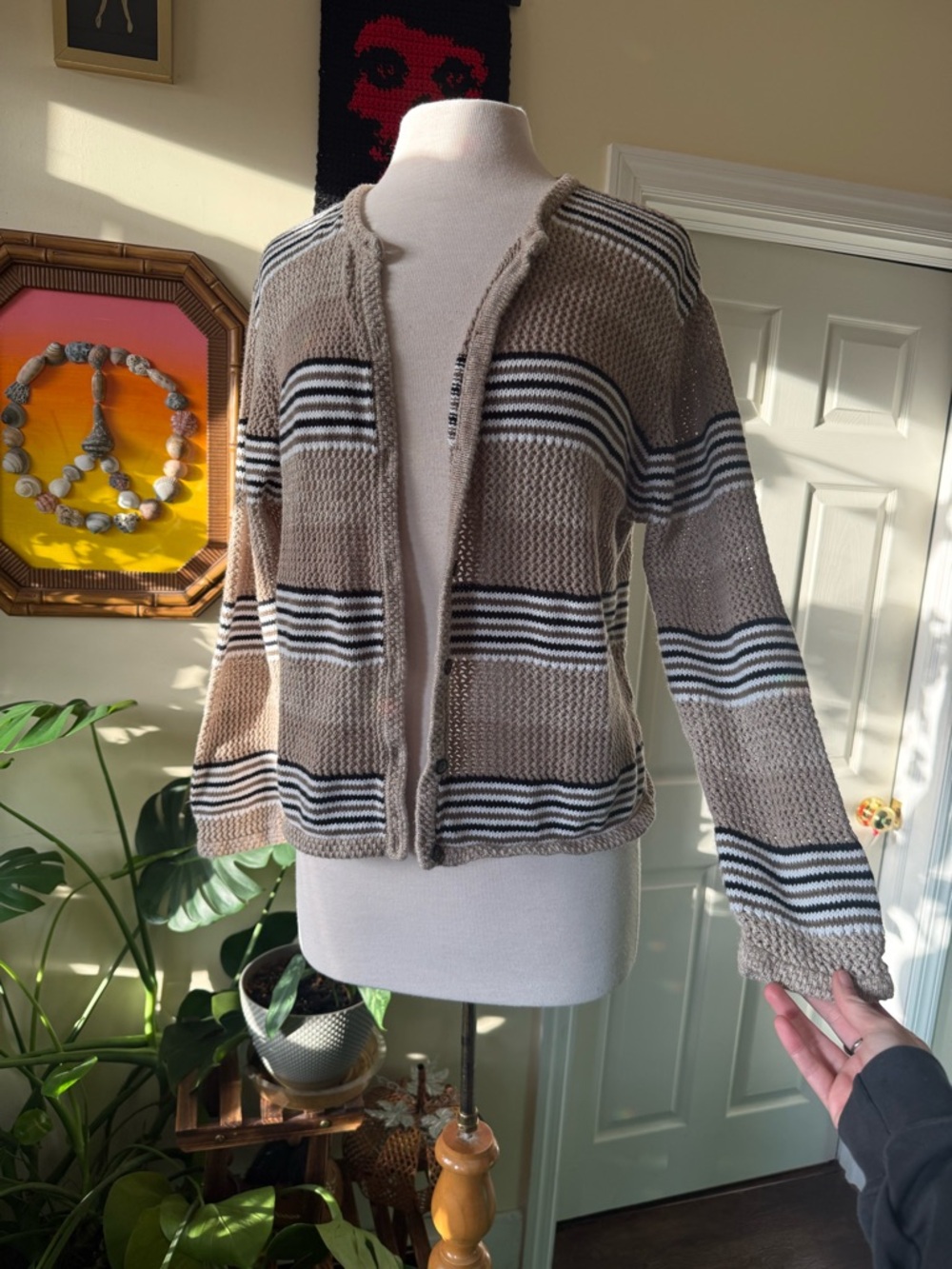 Christopher & Banks Beige and Black Striped Open-Front Cardigan